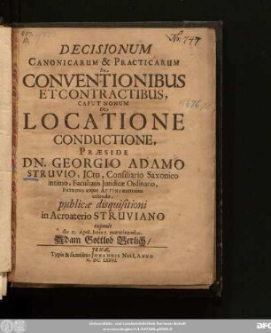 Decisionum Canonicarum & Practicarum De Conventionibus Et Contractibus, Caput Nonum De Locatione Conductione