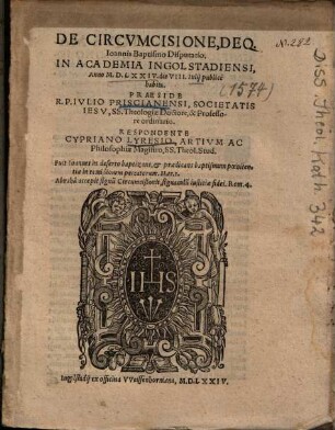 De Circvmcisione, Deq. Ioannis Baptismo Disputatio