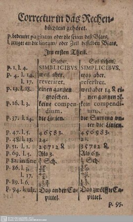 Correctur in das Rechenbüchlein gehöret.