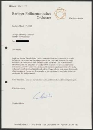 Brief an Martha Gilmer an Chicago Symphony Orchestra, 11.03.1997