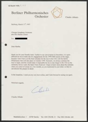 Brief an Martha Gilmer an Chicago Symphony Orchestra, 11.03.1997