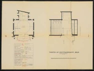 Theater am Schiffbauerdamm (auch: Neues Theater, Berliner Ensemble), Berlin: Bühnengrundriss und Bühnenlängsschnitt 1:100