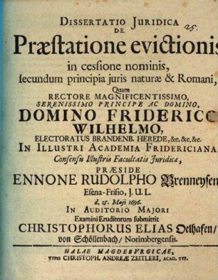 Diss. iur. de praestatione evictionis in cessione nominis secundum principia iuris naturae et Romani