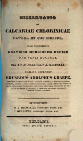 Diss. de calcariae chlorinicae natura et usu medico
