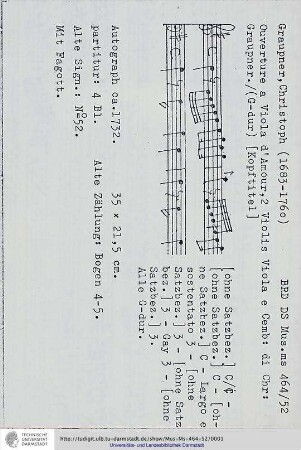 Ouverture a Viola d'Amour, 2 Violin Viola e Cemb: di Chr: Graupner.
