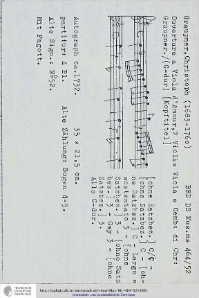 Ouverture a Viola d'Amour, 2 Violin Viola e Cemb: di Chr: Graupner.