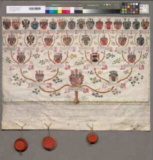 16er-Wappenahnentafel der Maria Anna Gräfin von Trautmannsdorf. Bestätigt durch Clemens Wenzeslaus Erzbischof zu Trier, Maximilian Erzbischof zu Köln, Franz Wilhelm Graf zu Oettingen, Sigismund Graf zu Salm-Reifferscheid. Mit den 4 Unterschrifen. 3 Siegel (von 4) in Holzkapseln erhalten.