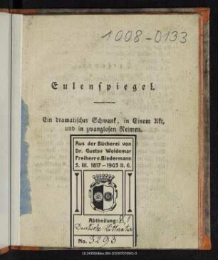 Eulenspiegel : ein dramatischer Schwank, in Einem Akt und in zwanglosen Reimen