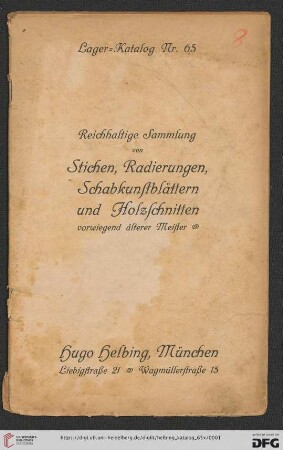 Reichhaltige Sammlung von Stichen, Radierungen, Schabkunstblättern und Holzschnitten vorwiegend älterer Meister (Lager-Katalog Nr. 65)