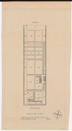 Druckvorlagen / Gartenanlage Klostergärtnerei, Damsdorf: Ländliche Baumschule und Staudengärtnerei mit Obst und Gemüsekulturen in der Mark Brandenburg: Grundriss 1:500