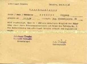 Bescheinung über die Registrierung als ehemaliges NSDAP-Mitglied beim Arbeitsamt Dresden - Personenkonvolut