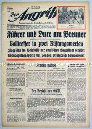 Tageszeitung "Der Angriff" u.a. zum Luft- und See-Krieg gegen England und zu einem Treffen zwischen Hitler und Mussolini