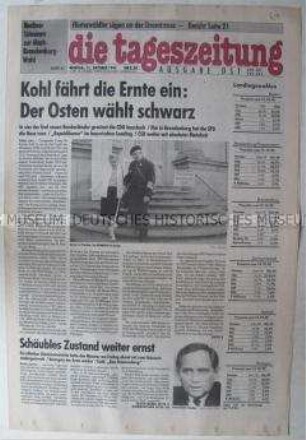 Fragment der Ost-Ausgabe der "tageszeitung" mit den Ergebnissen der Landtagswahlen in den neuen Bundesländern und zum Attentat auf Innenminister Schäuble
