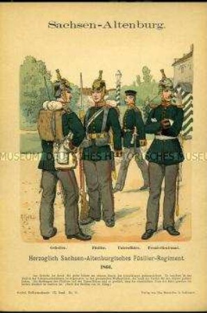 Uniformdarstellung, Gefreiter, Füsilier, Unteroffizier und Premierleutnant der Infanterie, Herzogtum Sachsen-Altenburg, 1866.