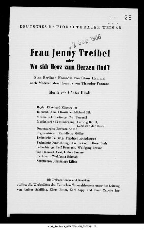 Frau Jenny Treibel oder Wo sich Herz zum Herzen find't