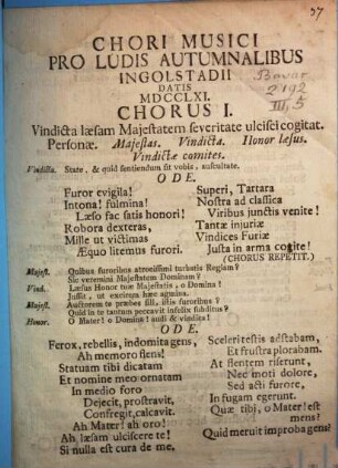 Chori Musici Pro Ludis Autumnalibus Ingolstadii Datis MDCCLXI.