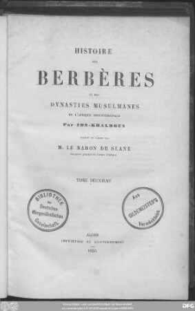 T. 2: Histoire des Berbères et des dynasties musulmanes de l'Afrique Septentrionale