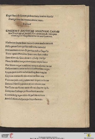 Eivsdem F. Baptistae Mantvani Carmelitæ Theologi ad Iacobũ Ferrariensem de suscepto theologico Magisterio heroicum Carmen