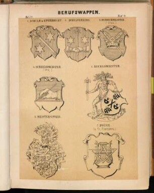 Taf. 4. - 1. Schule u. Unterricht. - 2. Schulvereine. - 3. Schreibmeister. (1750.) - 4. Schreibmeister. (neu) - 5. Rechenmeister. - 6. Meistersinger. - 7. Poesie. (n. Fr. Fischbach.)