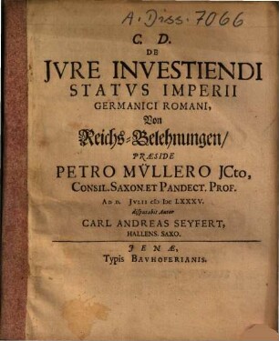 De Jvre Investiendi Statvs Imperii Germanici Romani : = Von Reichs-Belehnungen