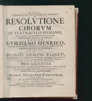Dissertatio Inavgvralis Medica De Resolvtione Ciborvm In Ventricvlo Hvmano