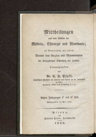 Achten Jahrganges 1 und 2. Heft. Ausgegeben im Mai 1840. - Sechsten Jahrganges 1. und 2. Heft. Ausgegeben im Mai 1840.