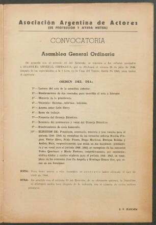 Asociación Argentina de Actores : (De Proteccion y Ayuda Mutua) - Convocatoria - Asamblea General Ordinaria