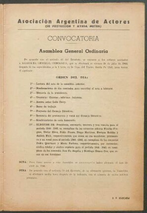 Asociación Argentina de Actores : (De Proteccion y Ayuda Mutua) - Convocatoria - Asamblea General Ordinaria