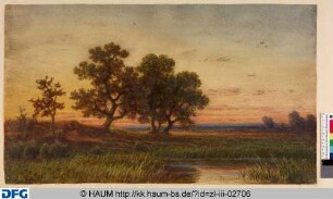 Landschaft mit Bäumen und Teich bei Abenddämmerung