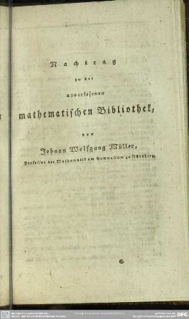 Nachtrag zu der auserlesenen mathematischen Bibliothek