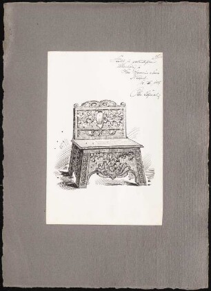 Reiseskizzen aus Pompeji, Neapel und Rom: Neapel: Stuhl in geschnitztem Eichenholz in SS. Severino e Sossio (Perspektivische Ansicht)