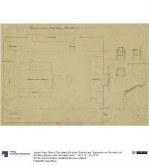Darmstadt, Grosses Glückerthaus, Speisezimmer, Grundriss mit Möblierungsplan sowie Grundriss, Aufriss und Seitenansicht eines Stuhls