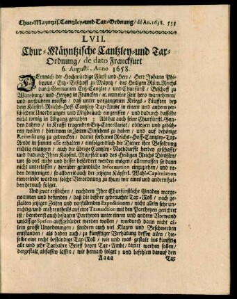 LVII. Chur-Mäyntzische Cantzley- und Tar-Ordnung, de dato Franckfurt 6. Augusti, Anno 1658