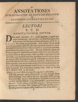Annotationes In Praecedentem Ah. Fritschii Discursum De Gunthero Schwartzburgico