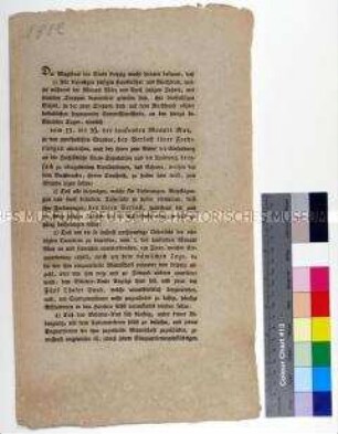 Bekanntmachung des Rates zu Leipzig betreffend Quartiersbillets und Forderungen aus Einquartierung von Truppen