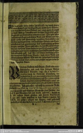 Leichenpredigt : Der Heroische Glaube Eines Heldenmütigen Christens. [Eingang]. Textus. Exordium. Tractatio. Usus