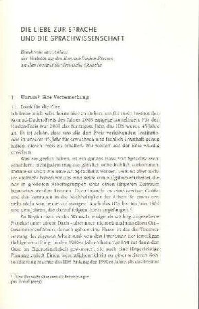 Die Liebe zur Sprache und die Sprachwissenschaft. Dankrede aus Anlass der Verleihung des Konrad-Duden-Preises an das Institut für Deutsche Sprache