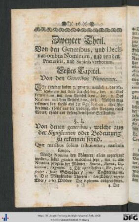 Zweyter Theil. Von den Generibus, und Declinationibus Nominum, und von den Praeteritis, und Supinis verborum.