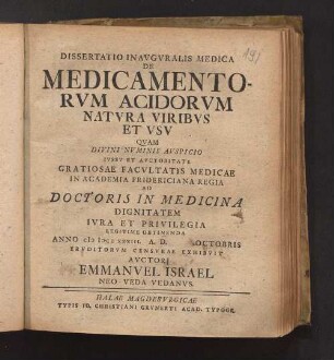 Dissertatio Inavgvralis Medica De Medicamentorvm Acidorvm Natvra Viribvs Et Vsv