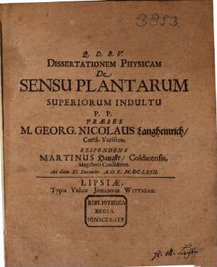 Q. D. B. V. Dissertationem Physicam De Sensu Plantarum