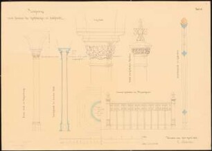 Rathaus, Leobschütz Umbau: Treppenhaus: Aufriss, Schnitt, Details der eisernen Säule mit Kapitell, Aufriss, Schnitt und Detail des eisernen Geländers, Maßstabsleiste (Rhld.)
