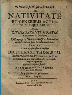 Discursus iuridicus de nativitate et generibus actionum iniuriarum