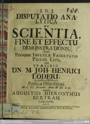 Disputatio analytica de scientia fine et effectu demonstrationis