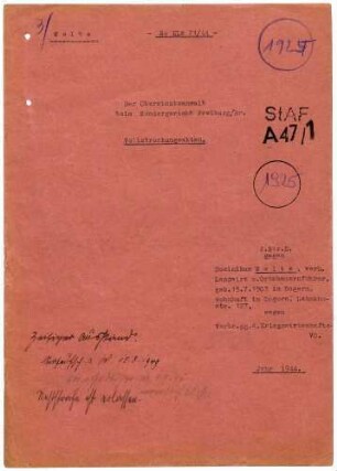Angeklagte: Mülhaupt, Eugen (Metzgermeister); Waldshut, *14.09.1911 in Waldshut; + ? Gerber, Stephan (Schlachthausaufseher); Waldshut, *30.12.1897 in Forchheim; + ? Welte, Dominikus (Landwirt); Dogern, *15.07.1903 in Dogern; + ? Fässle, Hermann (Kraftfahrer); Lottstetten, *24.09.1888 in Lottstetten; + ? Delikt: Verbrechen gegen die Kriegswirtschaftsverordnung Tatort: Waldshut Tatzeit: Juni 1940-April 1943