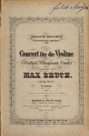 Concert für die Violine : (Vorspiel, Adagio und Finale) ; op. 26