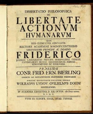 Dissertatio Philosophica De Libertate Actionum Humanarum