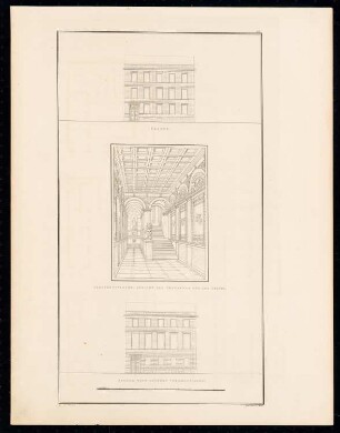Städtisches Wohnhaus, Berlin: Fassadenansichten, Perspektivische Innenansicht (aus: Sammlung Architektonischer Entwürfe, Berlin 1858)