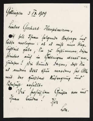Brief von Lou Andreas-Salomé an Gerhart Hauptmann