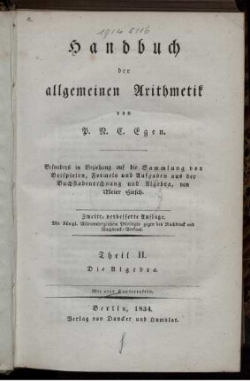 Theil 2: Handbuch der allgemeinen Arithmetik. Theil 2