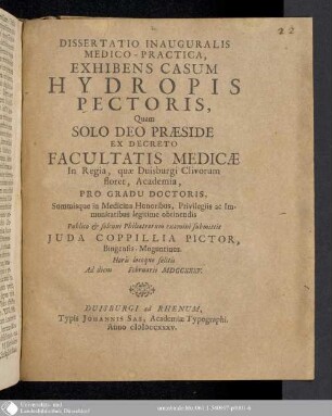 Dissertatio Inauguralis Medico-Practica, Exhibens Casum Hydropis Pectoris